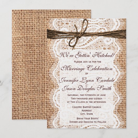Het krijgen van Hitched Burlap Druk Wedding Uitnod Kaart (Voorkant / Achterkant)