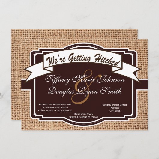 Het krijgen van Hitched Burlap Rustic Wedding Uitn Kaart (Voorkant / Achterkant)