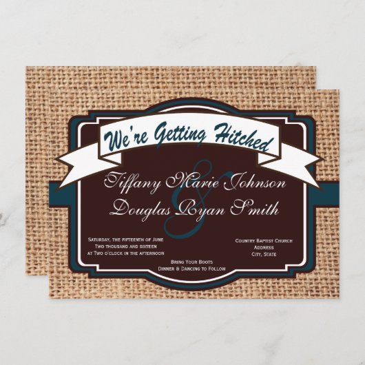 Het krijgen van Hitched Burlap Rustic Wedding Uitn Kaart (Voorkant / Achterkant)