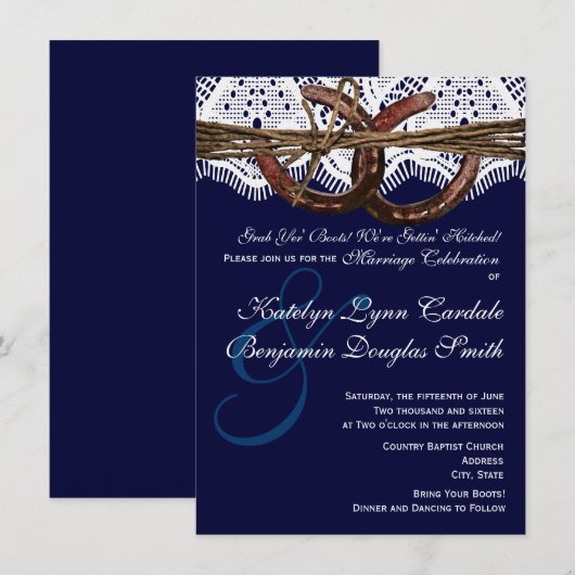 Het krijgen van Hitched Navy Hoefijzer Wedding Uit Kaart (Voorkant / Achterkant)
