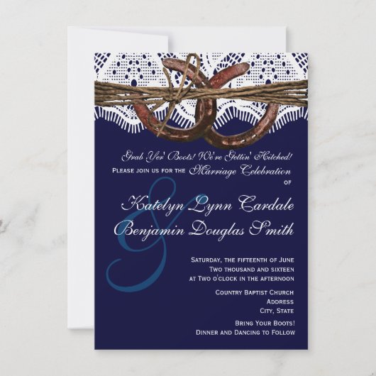 Het krijgen van Hitched Navy Hoefijzer Wedding Uit Kaart (Voorkant)
