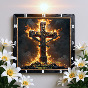 Het Kruis Medaillon Kracht Filippenzen 4:13 Vers Vierkante Klok