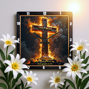 Het Kruis Medaillon Vuur Filippenzen 4:13 Vers Vierkante Klok