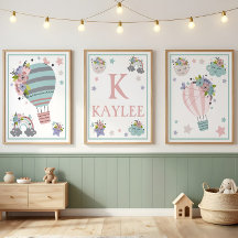 Het-kunstposter-set met warme-luchtballon, wolk, r