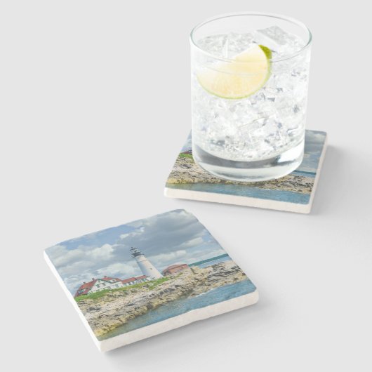 Het kustlandschap van de vuurtoren van New England Stenen Onderzetter (Zijkant)