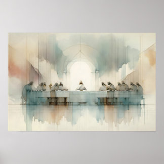Het Laatste Avondmaal Blauw Aquarel Landschap Scen Poster
