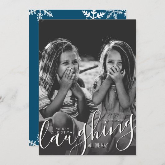Het lachen helemaal naar Snowflakes Blauwe Kerstmi Feestdagenkaart (Voorkant / Achterkant)