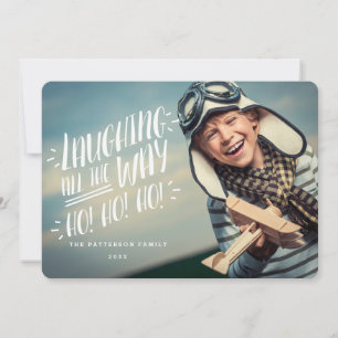 Het lachen helemaal op weg naar een Joyful-fotokaa Feestdagenkaart