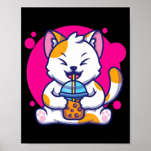 Het lachen van Cat Neko Kawaii Boba Tea in een ijz Poster