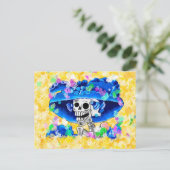 Het lachen van Skelet Vrouw in Blue Bonnet op Geel Briefkaart (Staand voorkant)