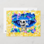 Het lachen van Skelet Vrouw in Blue Bonnet op Geel Briefkaart (Voorkant / Achterkant)