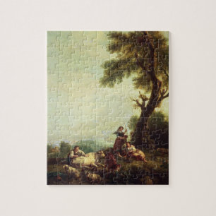 Het landschap met de boeren die naar een kudde van legpuzzel