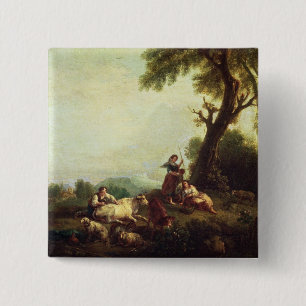 Het landschap met de boeren die naar een kudde van vierkante button 5,1 cm
