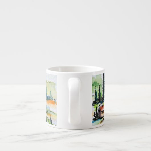 Het landschap met de stad en de cyperbomen espresso kop (Achterkant)