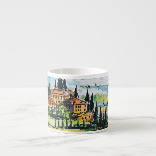 Het landschap met de stad en de cyperbomen espresso kop (Voorkant)