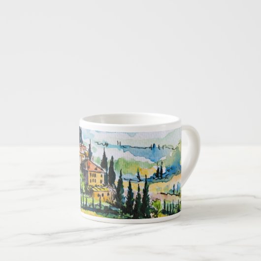 Het landschap met de stad en de cyperbomen espresso kop (Voorkant rechts)