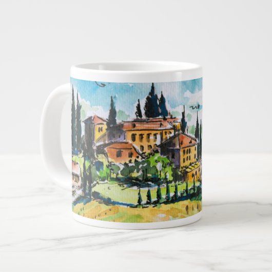 Het landschap met de stad en de cyperbomen grote koffiekop (Links)