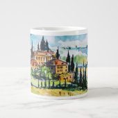 Het landschap met de stad en de cyperbomen grote koffiekop (Voorkant)