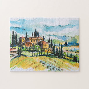 Het landschap met de stad en de cyperbomen legpuzzel
