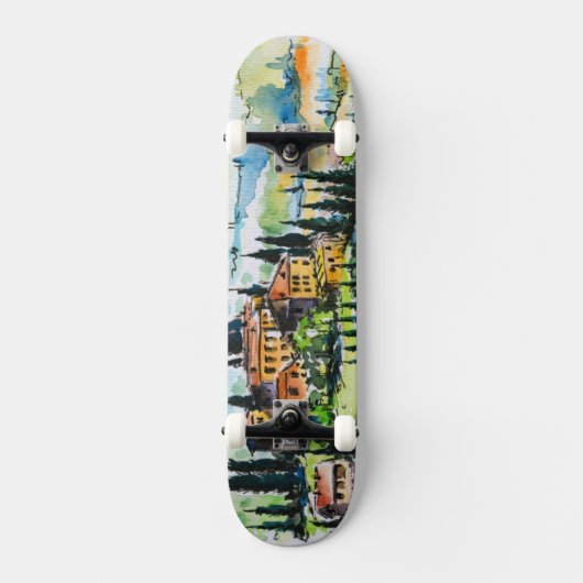 Het landschap met de stad en de cyperbomen persoonlijk skateboard (Voorkant)