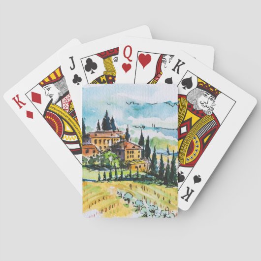 Het landschap met de stad en de cyperbomen pokerkaarten (Achterkant)