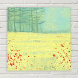 Het Landschapsschilderen van het venster Canvas Afdruk<br><div class="desc">Een modern hedendaags landschapsschilderij met een vreedzame bloem gevulde zomerweide met vogels die tegen de hemel vliegen en een bos met pijnbomen op afstand. Gele en groene kleuren,  vers en optillen. Originele kunst van Nic Squirrell.</div>