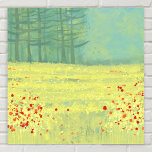 Het Landschapsschilderen van het venster Poster<br><div class="desc">Een modern hedendaags landschapsschilderij met een vreedzame bloem gevulde zomerweide met vogels die tegen de hemel vliegen en een bos met pijnbomen op afstand. Gele en groene kleuren,  vers en optillen. Originele kunst van Nic Squirrell.</div>