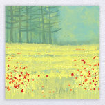 Het Landschapsschilderen van het venster Poster<br><div class="desc">Een modern hedendaags landschapsschilderij met een vreedzame bloem gevulde zomerweide met vogels die tegen de hemel vliegen en een bos met pijnbomen op afstand. Gele en groene kleuren,  vers en optillen. Originele kunst van Nic Squirrell.</div>