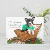 Het leuke puppy van Boston Terrier van Kerstmis Feestdagenkaart (Staand voorkant)