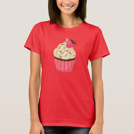 Het leuke Roze bestrooit Aardbei Cupcake T-shirt (Voorkant)