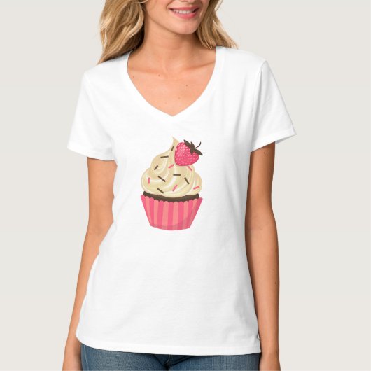 Het leuke Roze bestrooit Aardbei Cupcake T-shirt (Voorkant)