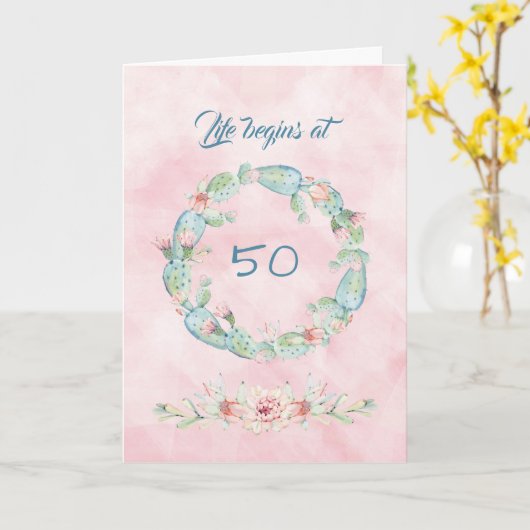 Het leven begint bij 50 Waterverf Cactus Kaart (Gele Bloem)