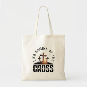 Het leven begint bij het kruis tote bag