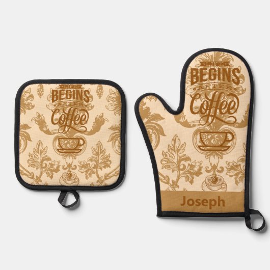 Het leven begint met koffie ovenwant & pannenlap set (Voorkant)