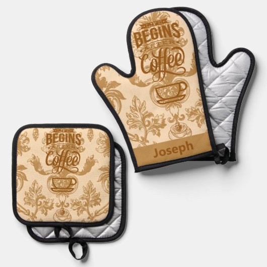 Het leven begint met koffie ovenwant & pannenlap set (Voorkant / Achterkant)