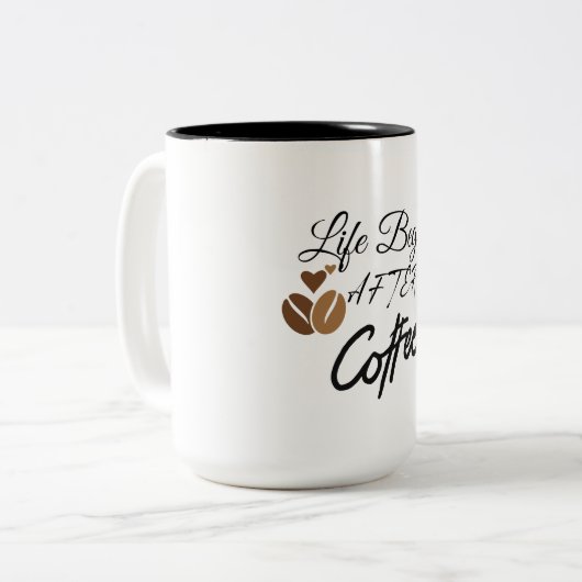 Het leven begint na de koffie tweekleurige koffiemok (Voorkant links)