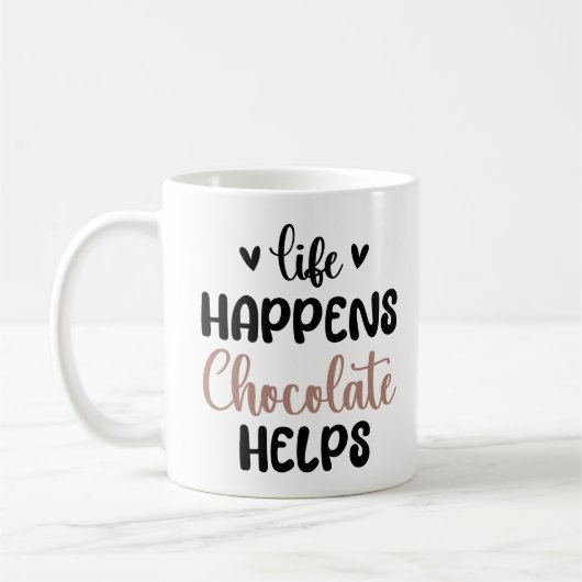 Het leven gebeurt chocolade helpt grappige uitspra koffiemok (Links)