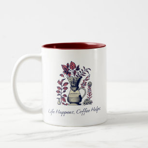 Het Leven Gebeurt, Koffie Helpt Botanische Pour Ov Tweekleurige Koffiemok