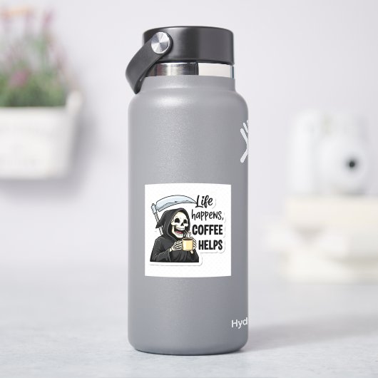 Het Leven Gebeurt, Koffie Helpt Grim Reaper Sticker (HydroFlask)