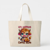 Het Leven Gebeurt, Koffie Helpt Grote Tote Bag (Achterkant)