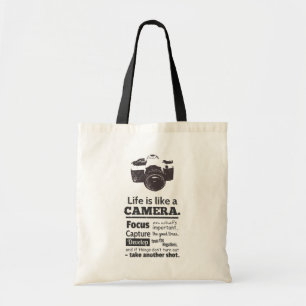 Het leven is als een camera citaat, Black Grunge Tote Bag