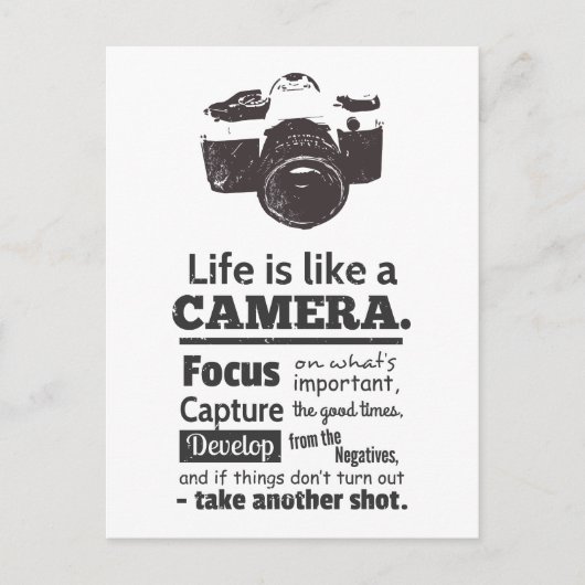Het leven is als een camera citaat, Zwarte Grunge Briefkaart (Voorkant)