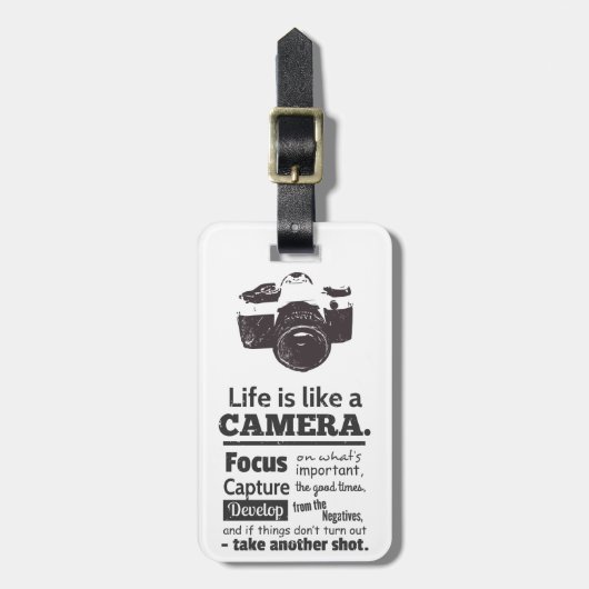 Het leven is als een camera-quote, Black Grunge Bagagelabel (Voorkant verticaal)