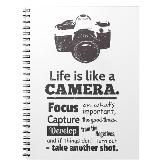 Het leven is als een camera-quote, Black Grunge Notitieboek (Voorkant)
