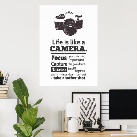 Het leven is als een camera-quote, Black Grunge Poster (Thuiskantoor)