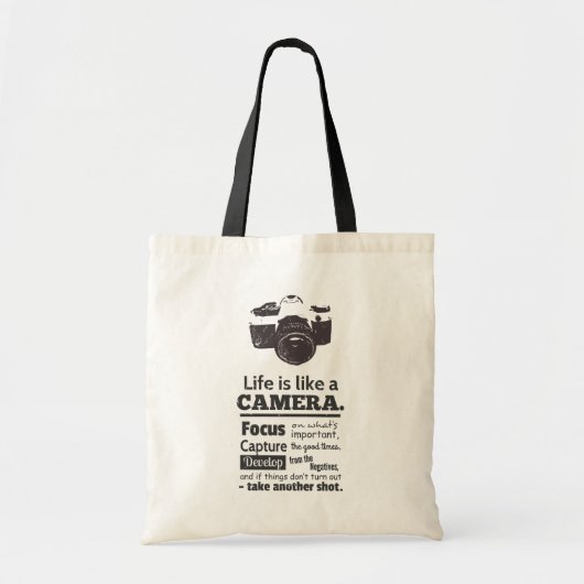 Het leven is als een camera-quote, Black Grunge Tote Bag (Voorkant)