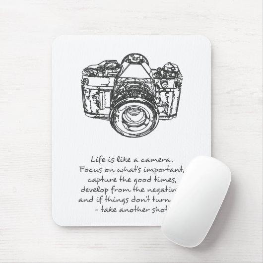 Het leven is als een camera quote, zwart-wit muismat (Met muis)