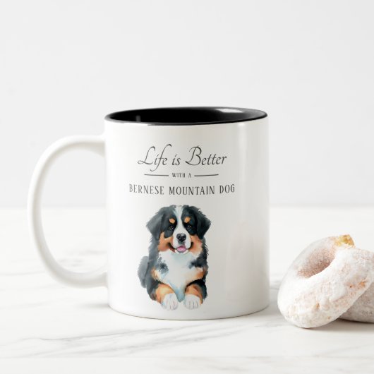 Het leven is beter Berner Berner Hond Tweekleurige Koffiemok (Met donut)