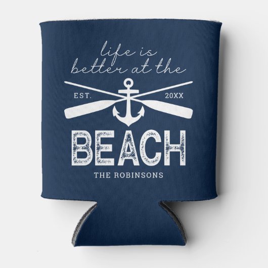 Het leven is beter bij de Beach Family Name Koelbo Blikjeskoeler (Voorkant)