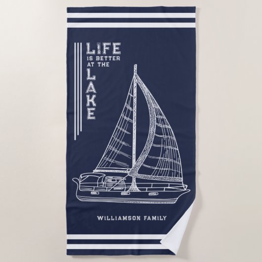 Het leven is beter bij de Lake Family Navy Blue Wh Strandlaken (Voorkant)